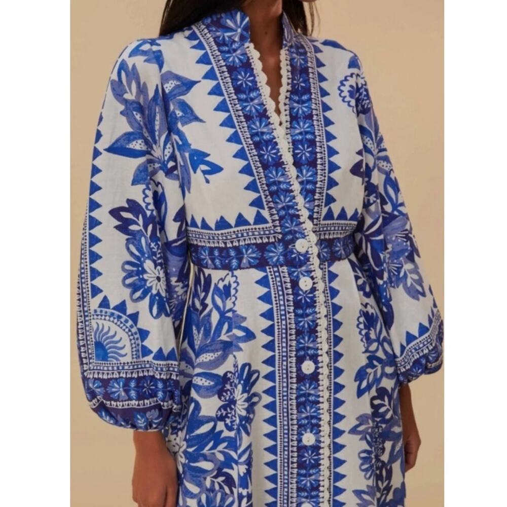 FARM Rio Blue Floral Linen Blend Button Front Maxi Dress Large - Picture 6 of 7